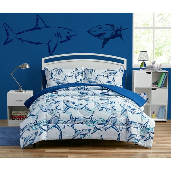 Twin, Blue Fancy Collection 6 Pc Kids/Teens Shark Blue Grey Design Luxury Comforter Furry Buddy Included 